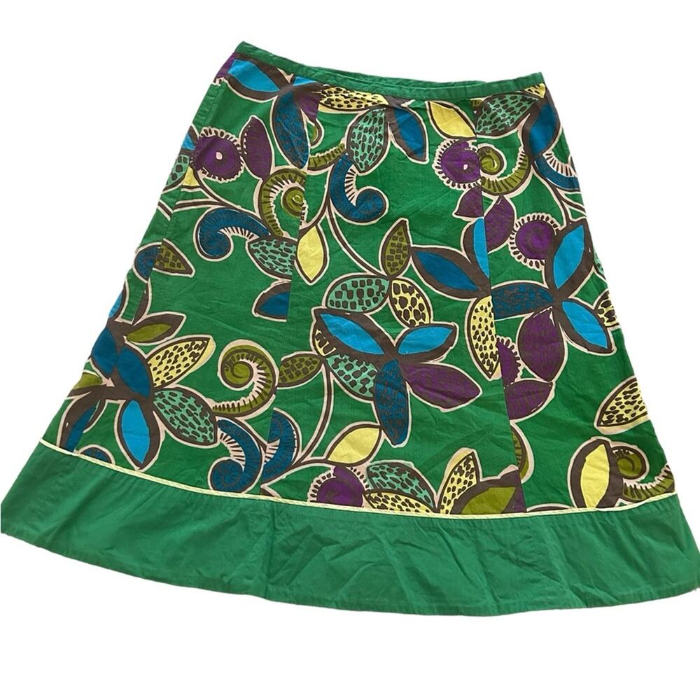 Boden Green Floral A-Line Skirt with Blue and Purple Accents